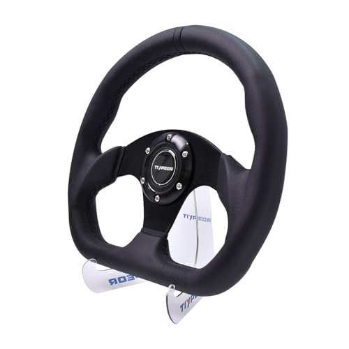 Tiypeor 13インチ レーシングステアリングホイール 320mm ブラックマイクロファイバーレザー、D型リム&フラットスポーク、ホーンボタン&配線キット付き、汎用6ボルト対応