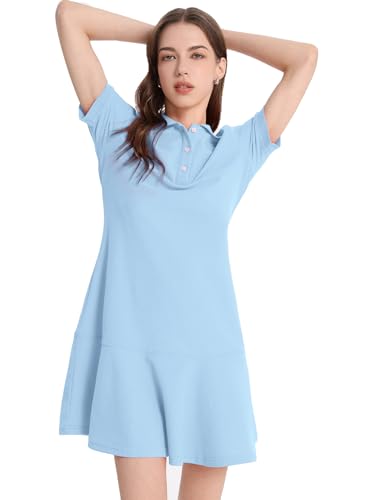 Image of Flygo Womens Polo Dress Summer Short Sleeve Ruffle T Shirt Dress | V Neck Lapel Henley Collar, Three Button Placket, Soft Pique Fabric, Short Mini Tunic Dress, Preppy Golf Tennis Activewear