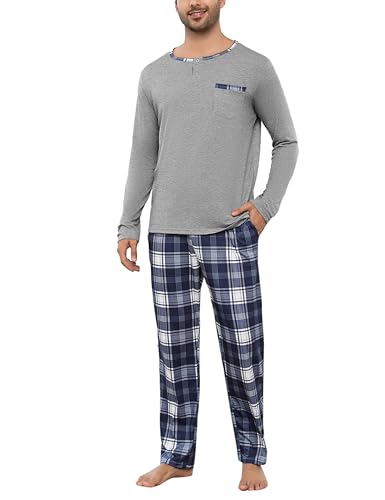 Litherday Pyjama Homme Hiver Pyjama Homme Coton à Ensembles de Pyjama Manches Longues Vêtements De Nuit pour Hommes Deux Pièces Pantalon et Haut à Carreaux Gris L