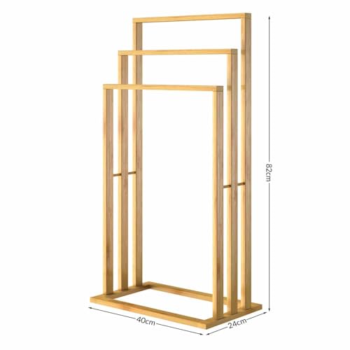 CASARIA® Juego de 2 Toalleros de Pie Madera de Bambú 3 Barras de Acero Inoxidable 82x40x24cm cm Sin Taladrar - imagen 6