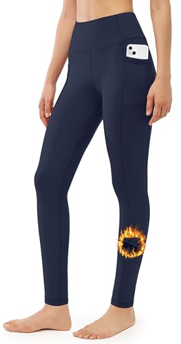 JOYSPELS Womens Fleece Lined Thermal Leggings High Waist Winter Warm Thick Gym Workout Running Yoga Pants for Women with Pockets NavyBlue M