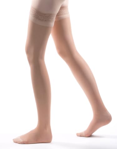 Image of Allegro Women's Thigh High Compression Stockings 20-30 mmHg Support Hose | Lightweight sheer fabric with lace-silicone stay-up band, reinforced heel and balloon toe for secure hold and daily comfort