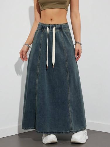 Women Casual Elastic Waist Jeans Long Skirts High Rise A Line Flare Denim Maxi Skirt2