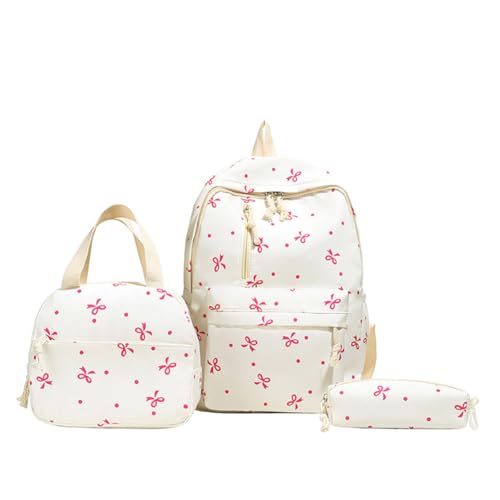 3Pcs Bow Backpack for Women, Kawaii Rucksack with Lunch Bag and Stationery Box, Large Capacity Book Bag with Bow Pattern, Personalized Stylish Daypack Bag for Travel, Commuting