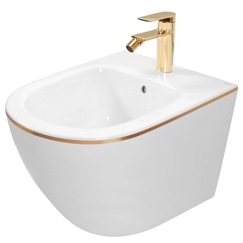 Rea Bidet suspendu Carlo Mini White Gold Edge Bidet Mural en Céramique pour Salle de Bains 49,5 x 37 x 32,5 cm (Blanc)