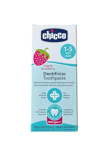 Chicco Pasta de Dientes de Fresa para Dientes Sensible de Baja Abrasión con Flúor, Xilitol, Sin Conservantes, Ayuda a Prevenir Caries y Eliminar Placa - Pasta de Dientes para Niños +1 Año, 50 ml