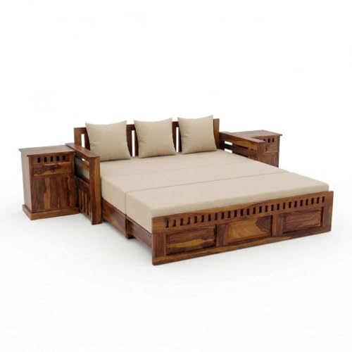 Image of SONA ART & CRAFTS Kuber Sheesham Wood Sofa Cum Bed with Bedside | 3 Seater with Storage and Side Pockets for Living Room Organizer Furniture Sofa Bed Home, Bedroom (Natural Finish)