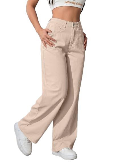 Women's Wide Leg Jeans, Cream Washed Denim, High Rise, Relaxed Baggy Fit, Casual Streetwear-picture-17