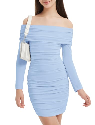 EXARUS Girls Dress Off The Shoulder Bodycon Long Sleeve Teen Ruched Homecoming Dance Party Prom Tween Dresses