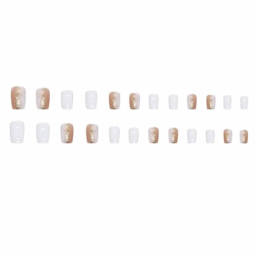 Miniatura 4 de Uñas postizas blancas a presión medianas, uñas acrílicas cuadradas nude, uñas acrílicas artificiales brillantes con lentejuelas