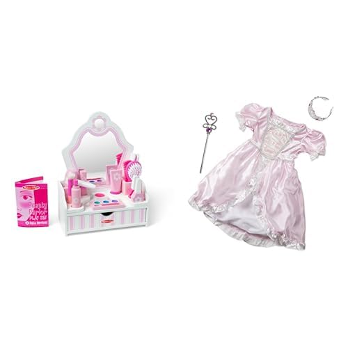 Melissa &amp; Doug Beauty Salon Play Set (18-Piece Wooden Vanity) &amp; Princess Role Play Costume Set (3-Piece Pink Gown, Tiara, Wand)