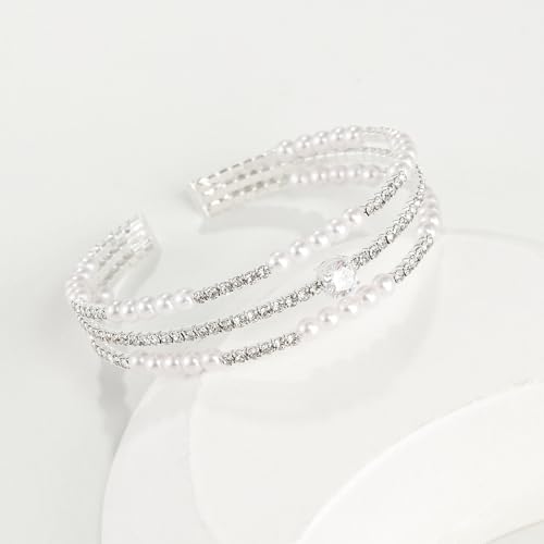 Sparkly Crystal Rhinestone 4 MM Faux Pearl Cubic Zirconia Adjustable Cuff Bracelet Bangle for Women Costume Jewelry3