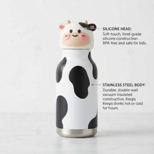 Image of JOUET 450ml Stainless Steel Kids Water Bottle with Cute Cow Character Lid, Leakproof Drinking Bottle for School, Travel, Sports & Everyday Use