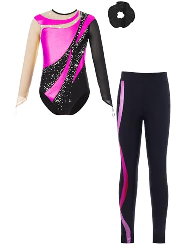 Consejos para Comprar Ropa de Gimnasia - solo los mejores. 41 iiniim Maillot de Danza Gimnasia Leotardo para Niñas Manga Larga Mono de Gimnasia Rítmica con Pantalones Diadema Brillante Traje de Danza Baile de Competición Aa rosa fuerte 7-8...