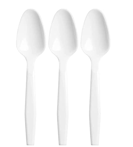 Lot de 80 cuillères en plastique blanc réutilisables et lavables à la main, couverts robustes, passent au micro-ondes, 14.5 cm de long, idéales pour les anniversaires, fêtes, traiteur, mariage
