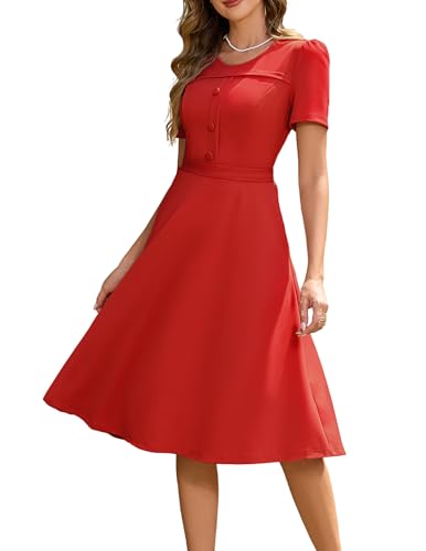 Image of Wedtrend 1950's Vintage Dresses for Women Modest Church Dress with Pockets Short Sleeve Tea Party A-Line Cocktail Dresses