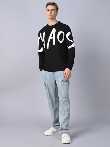 Image of Bewakoof Men's 100% Cotton Graphic Print Oversized Fit Full Sleeve Round Neck T-Shirt | Casual Wear | Street Wear | Oversized t Shirt for Men Cotton | Baggy