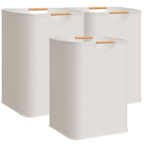 STORAGE MANIAC 3-Pack Large Laundry Hamper, 100L (26.4 Gal) Collapsible Laundry Basket with Bamboo Handles, Freestanding Waterproof Clothes Hamper for Laundry Room, Bedroom, Dorm, Towels, To