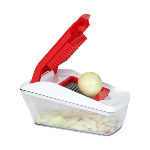 AEX 4-in-1 Vegetable Slicer - Durable food slicer and chopper - Manual Food Chopper with Stainless Steel Blades - Vegetable Chopper and Slicer with Container Including Cleaning Kit (Persian Red)