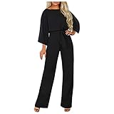 Mono de manga larga para mujer, holgado, con cinturón, pierna ancha, elegante, casual, de negocios, de una pieza, para oficina, uso diario, Negro, M
