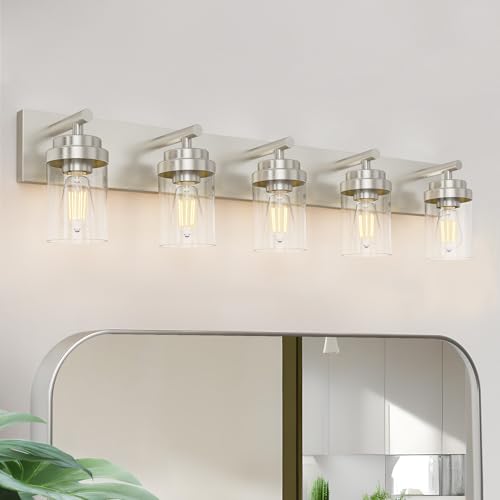 Image of IZORRO Bathroom Vanity Light Fixture, 5-Light 36 Inch Brushed Nickel Bathroom Light Fixtures Over Mirror, with Clear Glass Shade, Modern Farmhouse Vanity Lights, Rustic Restroom Lighting Fixtures