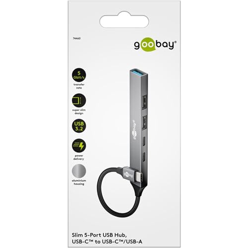 Goobay Hub Usb 3.2 A 5 Porte Slim/Usb, Multipresa Usb, Hub Usb/Slim USB-C A 3X USB-A E 2 X USB-C Multiport Adapter Usb 3.0 Hub / 5 Gbps Usb Splitter / 74460 - 9