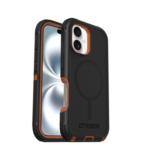 Image of OtterBox iPhone 16 (Only) - Defender Series MagSafe Case - Iron Eclipse (Black & Orange) - Built-in Magnets - Screenless - Rugged & Durable - with Port Protection