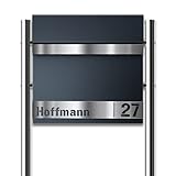 Metzler Standbriefkasten in Anthrazit Gustav - Briefkasten mit Edelstahl-Namensschild, Zeitungsfach & Briefkastenständer - Pulverbeschichtung in RAL 7016 - Größe: 37 x 37 x 10,5 cm - Höhe 120 cm