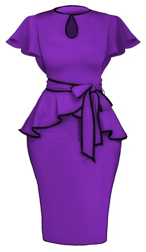 Image of Women's Vintage Bodycon Church Ruffle Sleeve Ruched Dresses Work Midi Pencil Dress