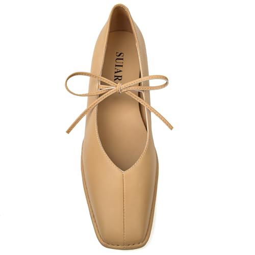 Image of Lace up Ballet Flats Women Square Toe Mary Jane Flats Bow Slip On Comfortable Ballerina Shoes
