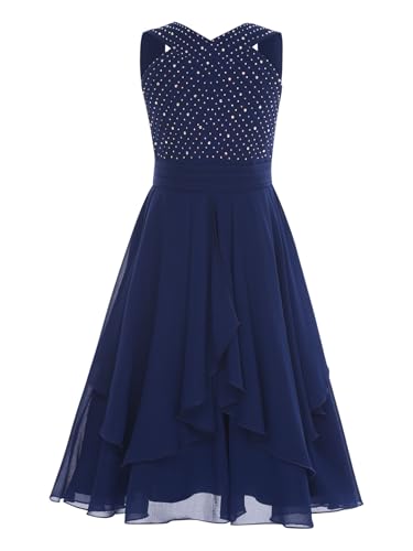 Vestido elegante de fiesta para niñas con falda plisada y corpiño de pedrería brillante
