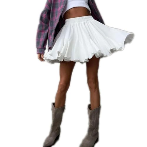 White Ruffles Pleated Mini Skirts for Women Summer Elegant Fluffy High Waist A-Line Street Short Skirt