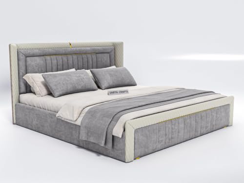 Image of Modern Upholstered King Size Bed with Box Storage for Bedroom | Wooden Double Bed with Storage | Platform Cot Bed with Upholstery Premium Fabric | 6.5 x 6 Ft | Sheesham Wood, Battleship Gray