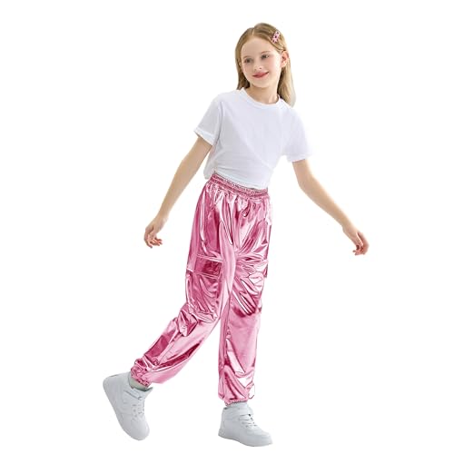 Image of Rolanko Girls Shiny Metallic Cargo Pants, Sparkle Jogger Pants for Girls Hip Hop Dance Streetwear Cargo Trousers 6-15 Years