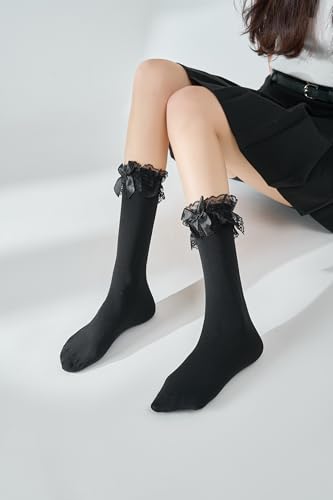 Image of Black Knee High Socks for Women with Lace Trim and Bow - Over-the-Knee Cosplay Stockings for Gothic Lolita, Maid Outfit, School Uniform, Halloween Costume