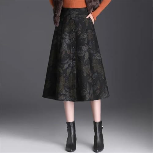 Women's High-Waisted Printed Button-Decorated Plaid Wool Midi Slim-Fit A-Line Skirt2