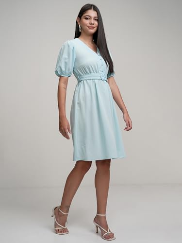 Image of Tokyo Talkies Women's Elegant A-Line Dress with Belt & Pleated Dress, Sophisticated Full-Sleeve Style for Any Occasion