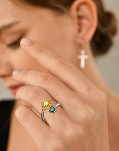 YL Butterfly Sunflower Celtic Pearl Ring for Women, Solid 925 Sterling Silver 18K White Gold Plated Birthstone You Are My Sunshine Open Heart Statement Jewelry2