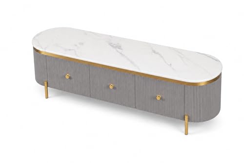 Image of Mazzo White Marble TV Unit Console | 70 inchx15 inchx18 inch | Golden Legs & Charcoal Louvers | Storage Drawers | Modern TV Stand Console Unit White Marble Top with Gold Accents, Storage (Gray)