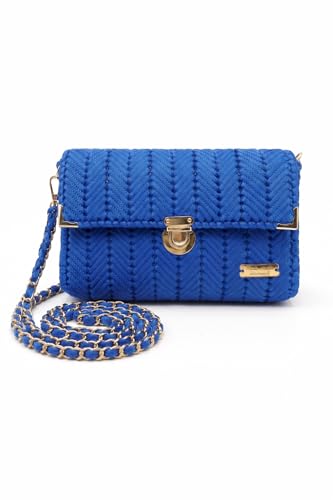 Bolsa de Tela Feminina Artesanal Feita à Mão, Modelo Transversal com Alça em Corrente e Fecho Metálico (Azul)