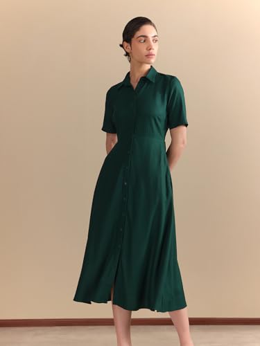 Image of FableStreet Women Formal Dress | Fit & Flare Midi Shirt Dress with Collared Neckline & Short Sleeves | Smooth Solid Fabric with Button-Front Closure for Workwear & Smart Casuals
