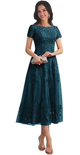 Teal Lace Applique Mother of The Bride Dresses for Women Cap Sleeves A Line Tea Length Mother of The Groom Dress Size 14