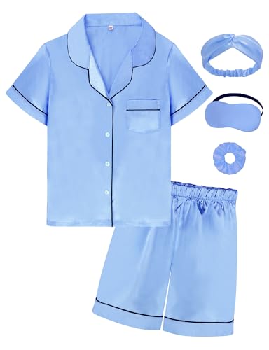 SEALINF Satin Girl Pajama Set Silk Pajamas for Girls With Eyemask 2 Pcs Button-up Sleepwear Kid Pjs Nightwear