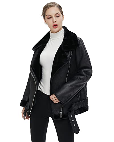 LY VAREY LIN Women's Faux Shearing Moto Jacket Thick Lined Parka Winter Shearling Coat Leather Jacket4