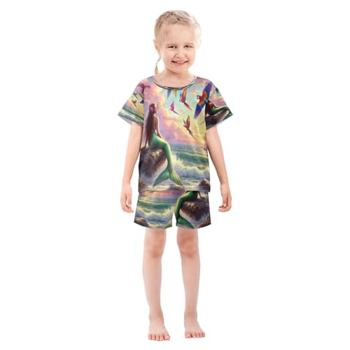 Summer Mermaid Beach Pajama Set Short Sleeve PJS 2 Piece Summer Pajamas Shorts Sets Cotton 5Y3