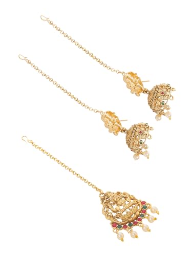 Yellow Chimes Jewellery Set for Women Gold Plated Traditional Temple Jewelry Set Antique Necklace Set with Earrings and Maangtikka for Women and Girls