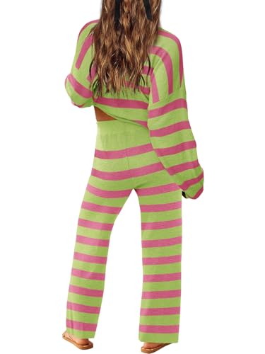 Image of LAMISSCHE Oversized Womens Lounge Set Striped Sweater Set Long Sleeve 2 Piece Pajama Set Top and Pants with Pockets