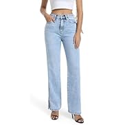 Guaile Womens Jeans High Waisted Stretchy Straight Leg Jeans Split Hem Jeans for Women Trendy Cla...