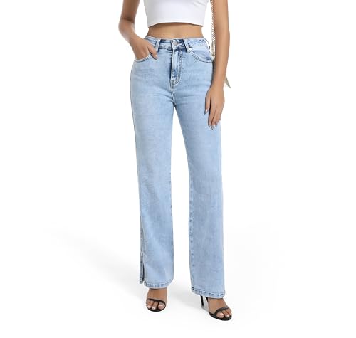 Womens Jeans High Waisted Stretchy Straight Leg Split Hem Jeans for Women Trendy Classic Denim
