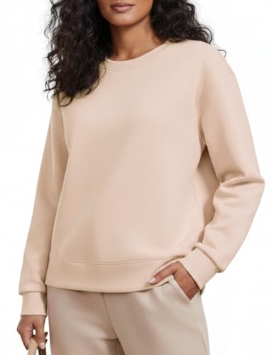 PINSPARK Crew Neck Sweatshirts Women Soft Long Sleeve Lightweight Pullover Yoga Casual Side Slit Sweatshirts Fall Fashion 2025 Champagne Pink,X-Large